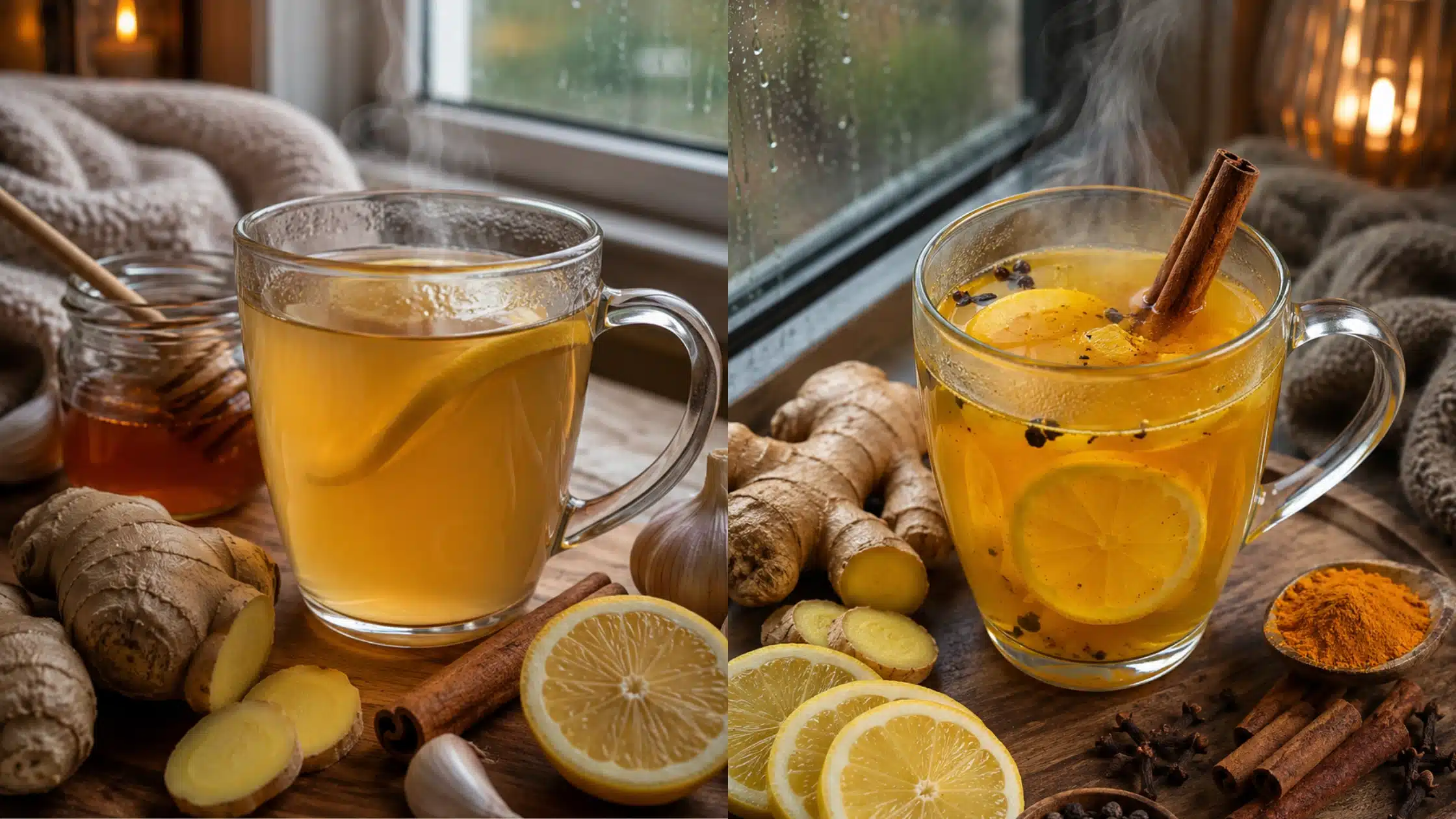Rainy season healing drinks — ginger, lemon, cinnamon, turmeric and honey home remedies